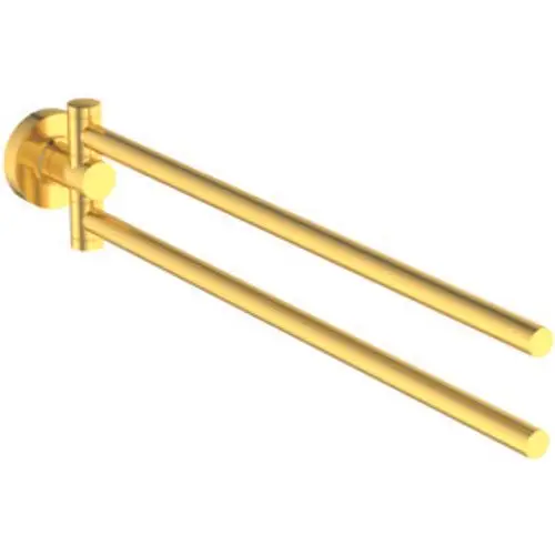 Doppelte Handtuchstange in Brushed Gold, montiert an einer runden Wandhalterung. Das Produkt stammt von Ideal Standard und ist zur Aufbewahrung von Handtüchern gedacht.